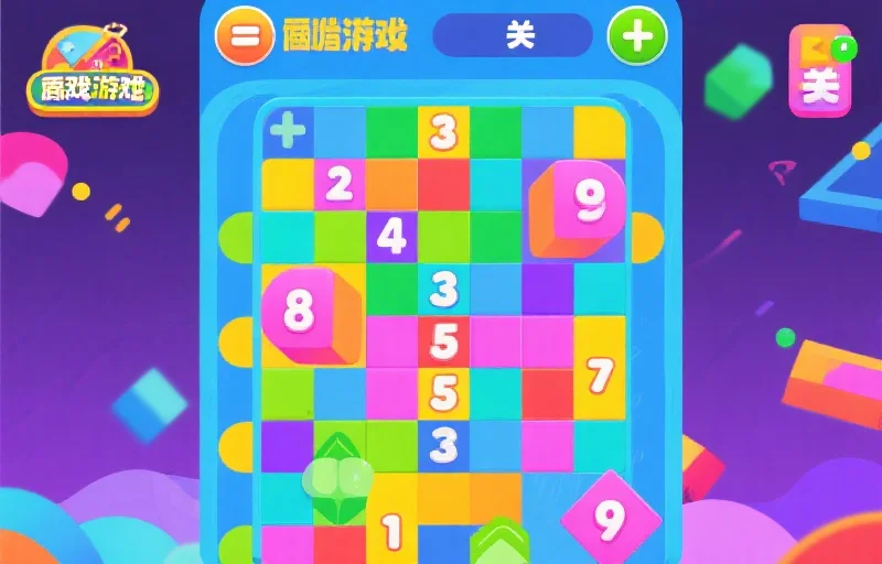 多彩的益智游戏关卡界面，几何图形和数字元素交错，色调明亮活泼