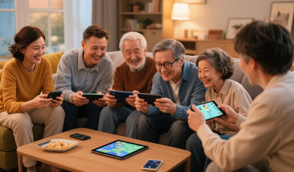 一群不同年龄段的人围坐在客厅沙发上，通过平板和手机一起玩电子游戏，气氛温馨愉快